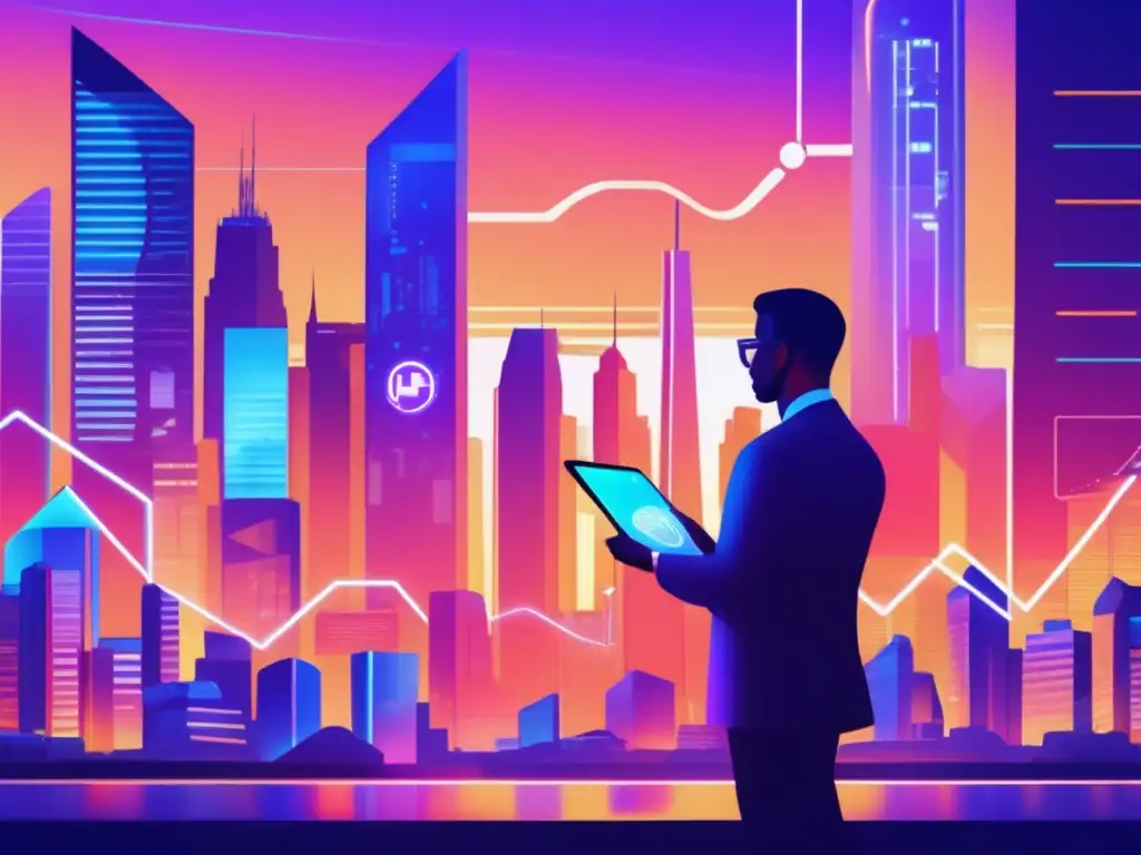 Oportunidades de crecimiento financiero a través del staking Futurista ciudad al atardecer con edificios modernos, billboards iluminados y figura de inversor con tablet