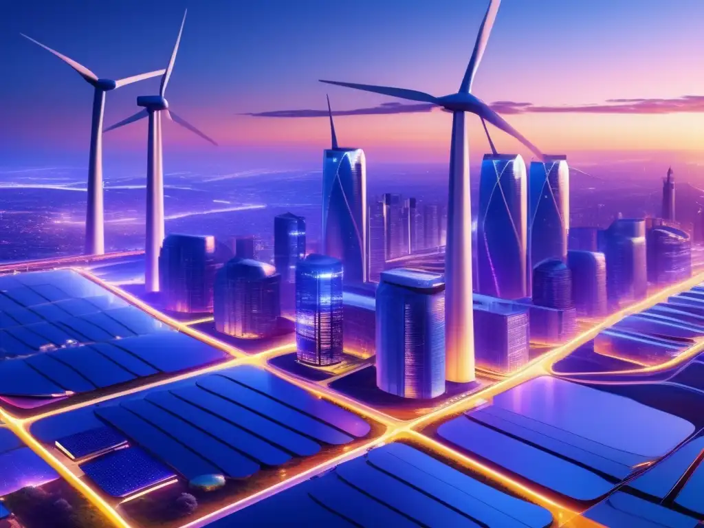 Futuro urbano sostenible con energías renovables Futurista ciudad al atardecer con energías renovables - Impacto Crisis Petróleo 1973