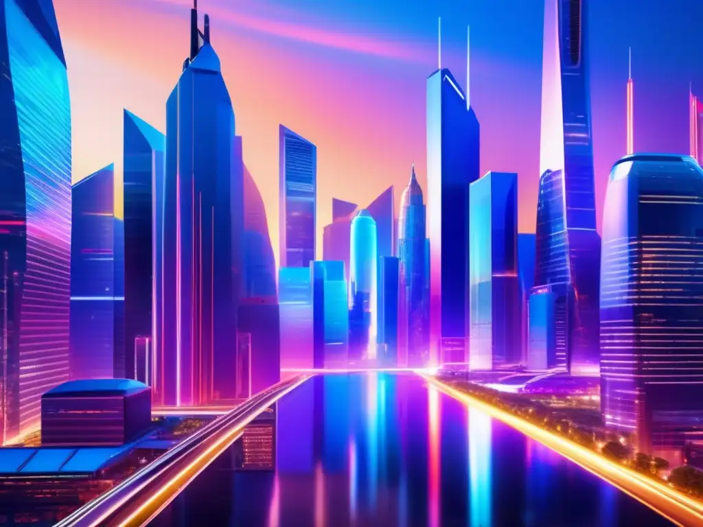 Futuro ciudad hightech y estrategias de inversión Futurista ciudad al atardecer con rascacielos de vidrio y acero, luces vibrantes y hologramas publicitarios