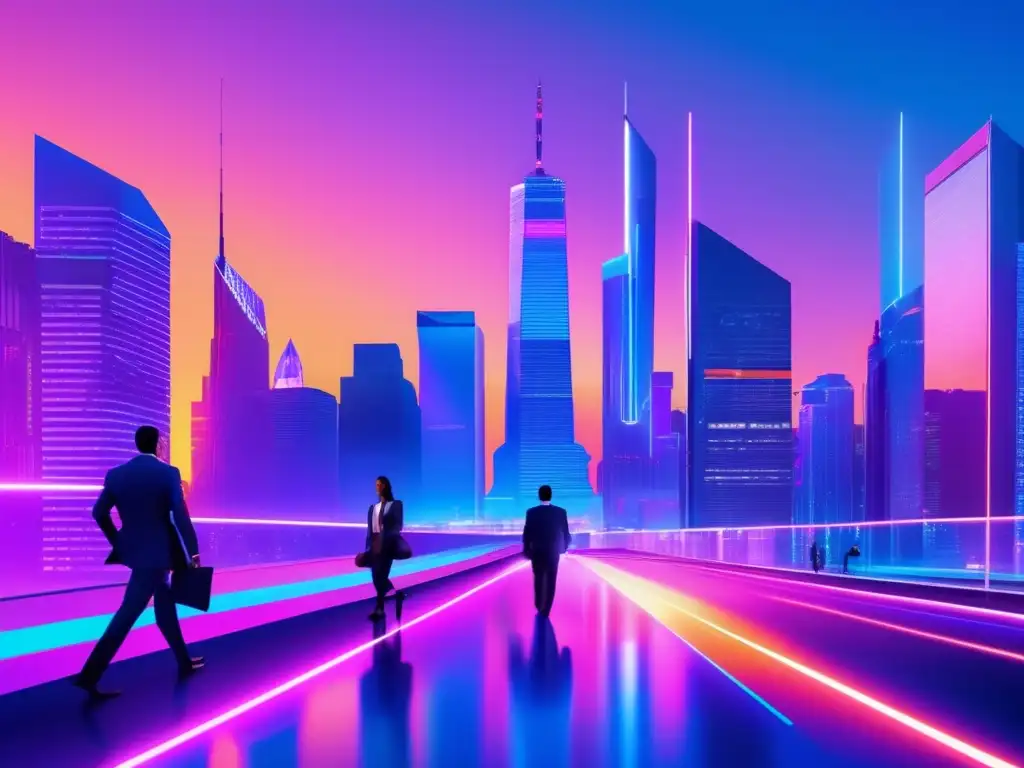 Ciudad futurista con rascacielos y luces de neón Futurista ciudad al atardecer, rascacielos de cristal y acero