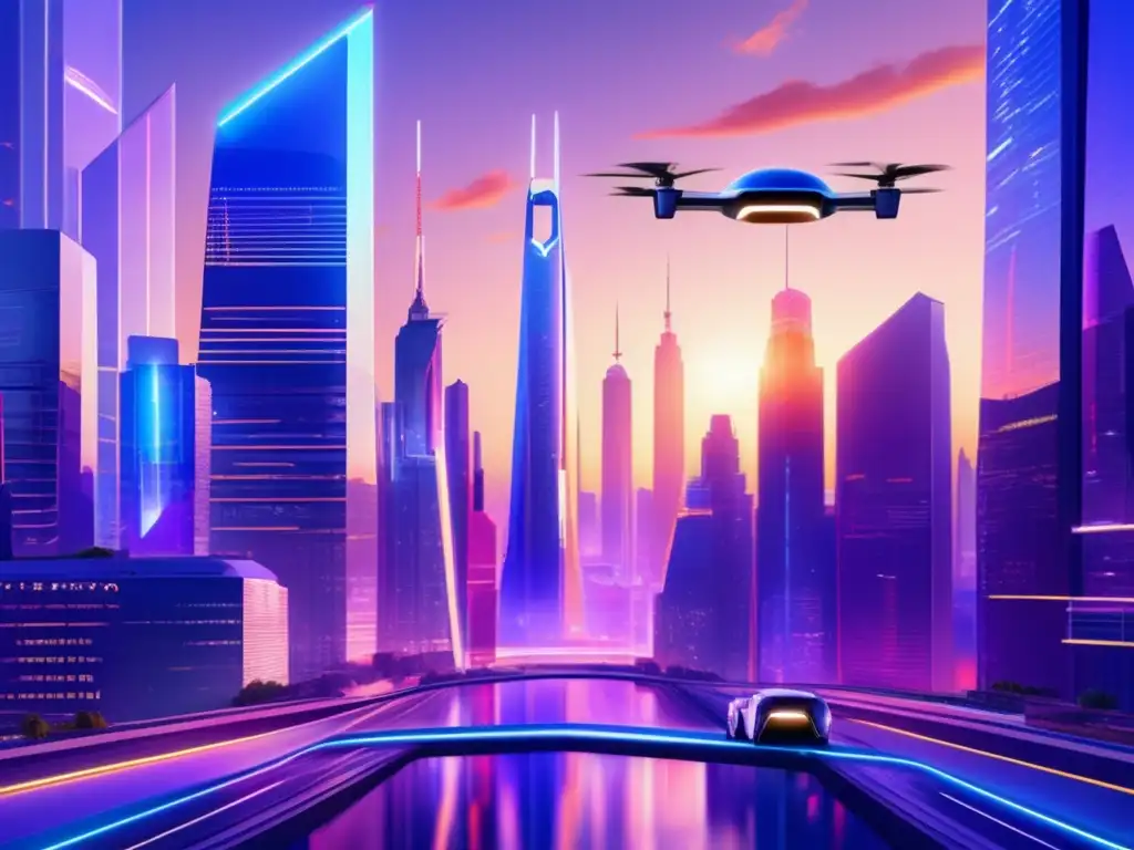 Futuro urbano tecnológico Futurista ciudad al atardecer, con rascacielos, tecnología innovadora y profesionales colaborando - Invertir en unicornios tecnológicos