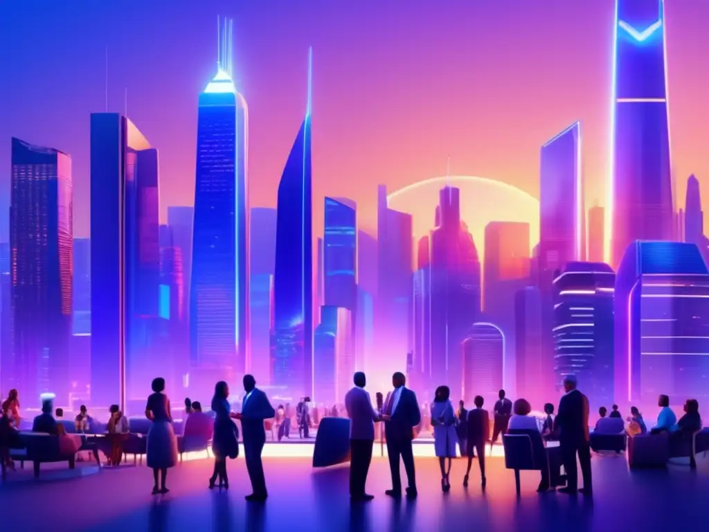 Futurista discusión inversiones pensiones Futurista ciudad al atardecer con rascacielos relucientes, luces vibrantes y discusión sobre inversiones en criptomonedas y pensiones