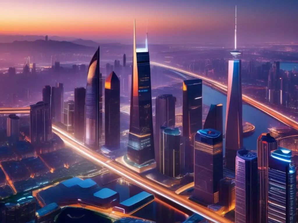 Futurista ciudad al anochecer con rascacielos iluminados Futurista ciudad al atardecer, con rascacielos iluminados, reflejando la industria financiera