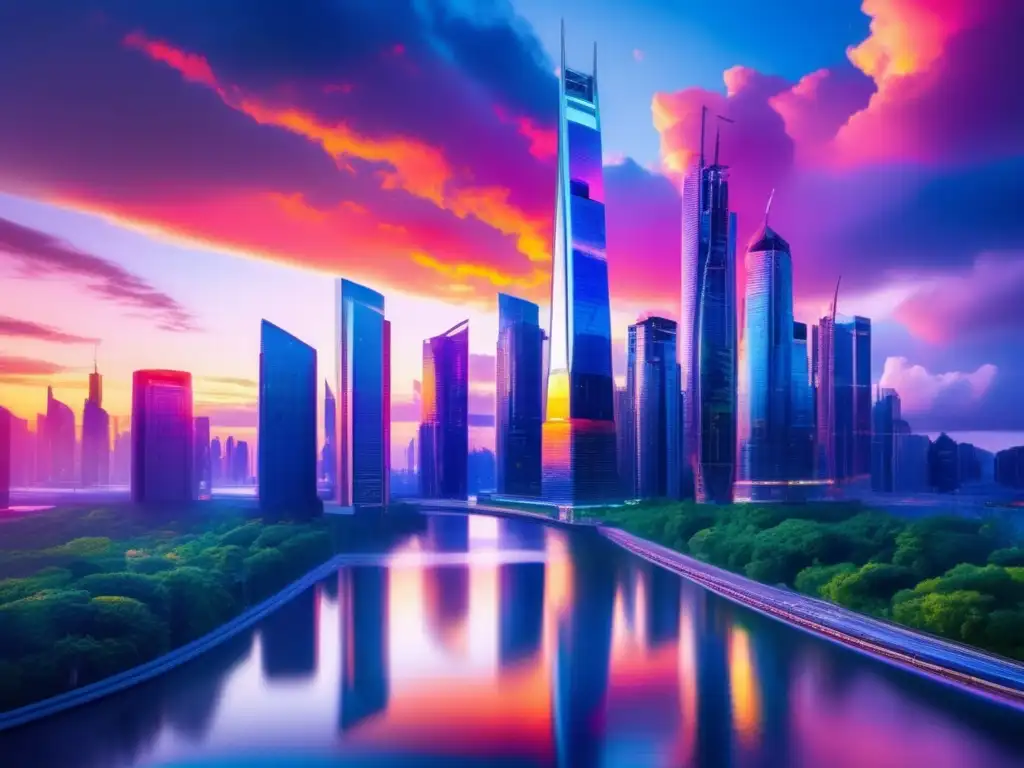Ciudad futurista con rascacielos de vidrio Futurista ciudad al atardecer, rascacielos de vidrio, rio brillante, hombre de negocios en balcón con tablet