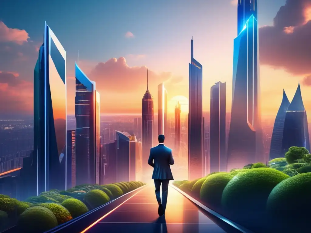 Ciudad futurista al atardecer con empresario preparado Futurista ciudad al atardecer con rascacielos modernos y empresario con