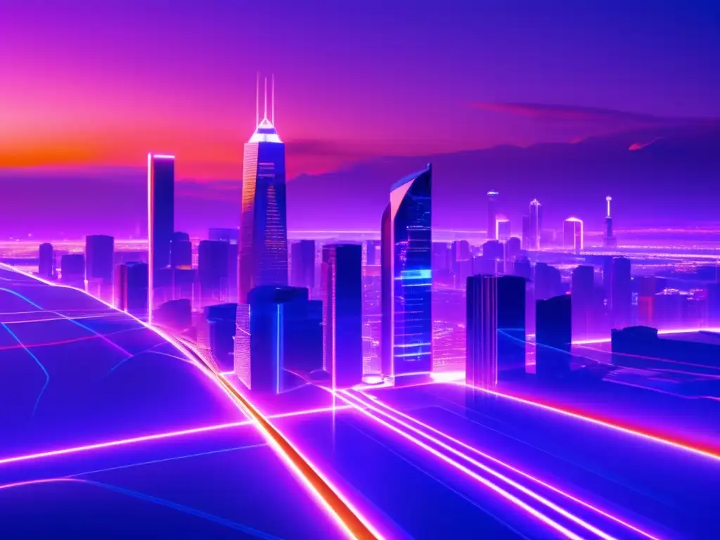 Futurista ciudad iluminada con datos y finanzas Futurista ciudad al atardecer, rascacielos modernos contra cielo púrpura y naranja, iluminados con luces neón