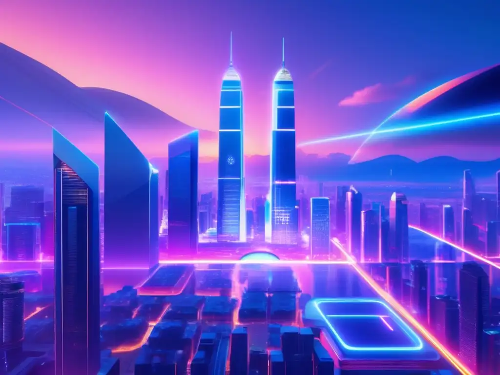 Futura ciudad 8k con rascacielos y plataforma híbrida Futurista ciudad al atardecer con rascacielos altos, calles animadas y plataformas híbridas de inversión cripto fusionando tradición y modernidad