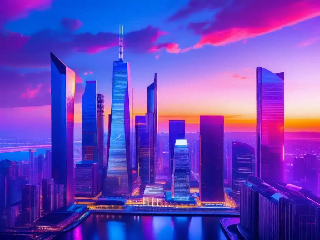 Futurista ciudad con profesionales analizando plataforma financiera Futurista ciudad al atardecer con rascacielos de cristal, luces neón y profesionales discutiendo sobre plataformas financieras emergentes