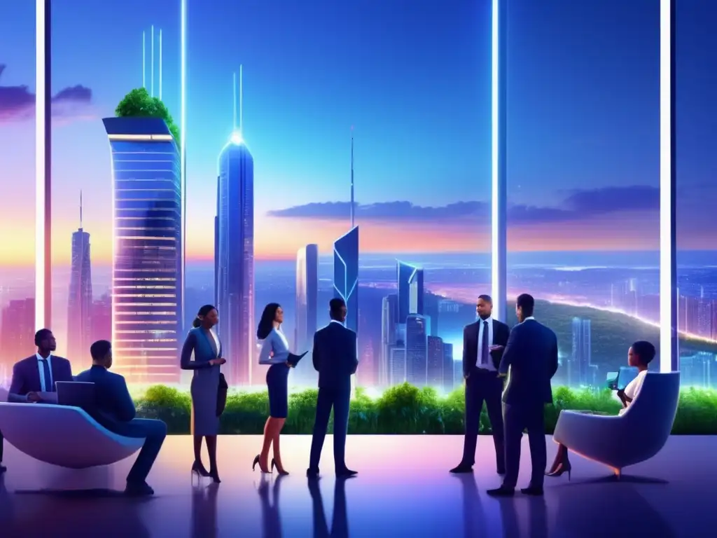 Ciudad futurista al atardecer con profesionales y tecnología avanzada Futurista ciudad al atardecer con rascacielos, naturaleza, profesionales y tecnología