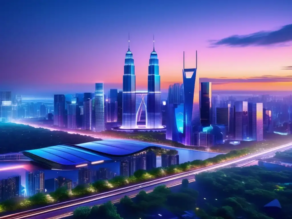 Futurista ciudad con rascacielos y naturaleza Futurista ciudad al atardecer con rascacielos, luces y estrategias de inversión a largo plazo