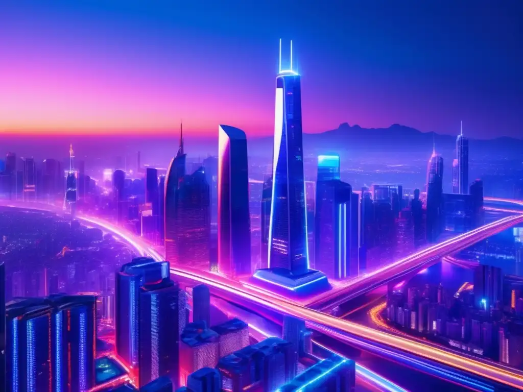 Futurista ciudad iluminada con rascacielos de vidrio Futurista ciudad al atardecer, rascacielos de cristal iluminados por neón, tráfico fluido en autopistas interconectadas