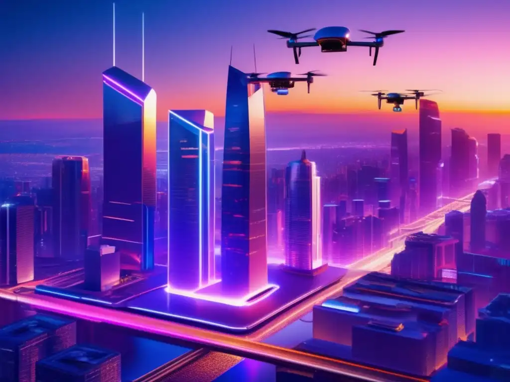 Ciudad futurista al atardecer: tecnología y transformación Futurista ciudad al atardecer, con rascacielos de cristal y luces neón