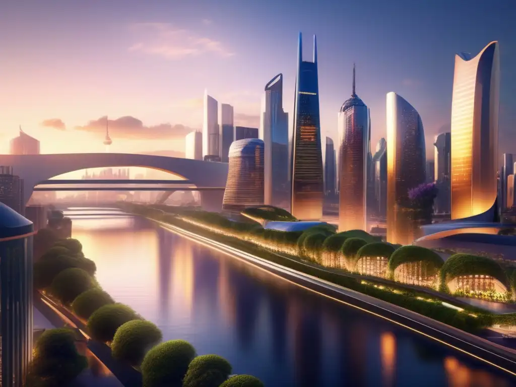 Futuro brillante en la ciudad Futurista ciudad al atardecer, reflejada en río, simbolizando 'Inversión pasiva para construir futuro'