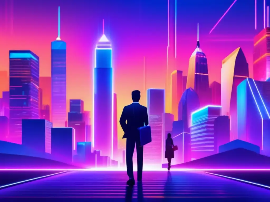 Futuro ciudad iluminada por luces neón Futurista ciudad blockchain: criptomonedas, inversores y desafíos de mercado