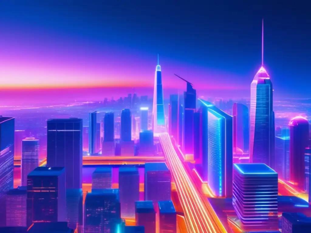Futurista ciudad blockchain: tecnología y neon Futurista ciudad blockchain: Invierte en Blockchain
