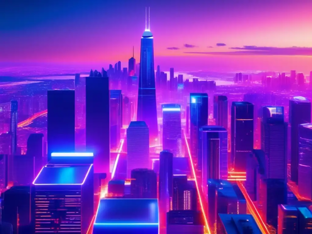 Ciudad futurista iluminada con neon y datos de criptomonedas Futurista ciudad crepuscular, rascacielos, criptomonedas, regulaciones Europa