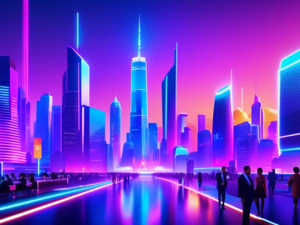 Futurista ciudad con rascacielos y criptomonedas Futurista ciudad con criptodivisas en inversiones