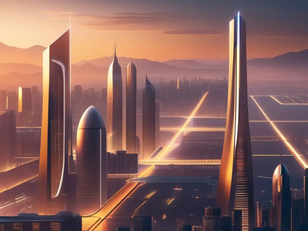 Futurista ciudad dorada al atardecer Futurista ciudad criptoeconomía tokenomics entendiendo