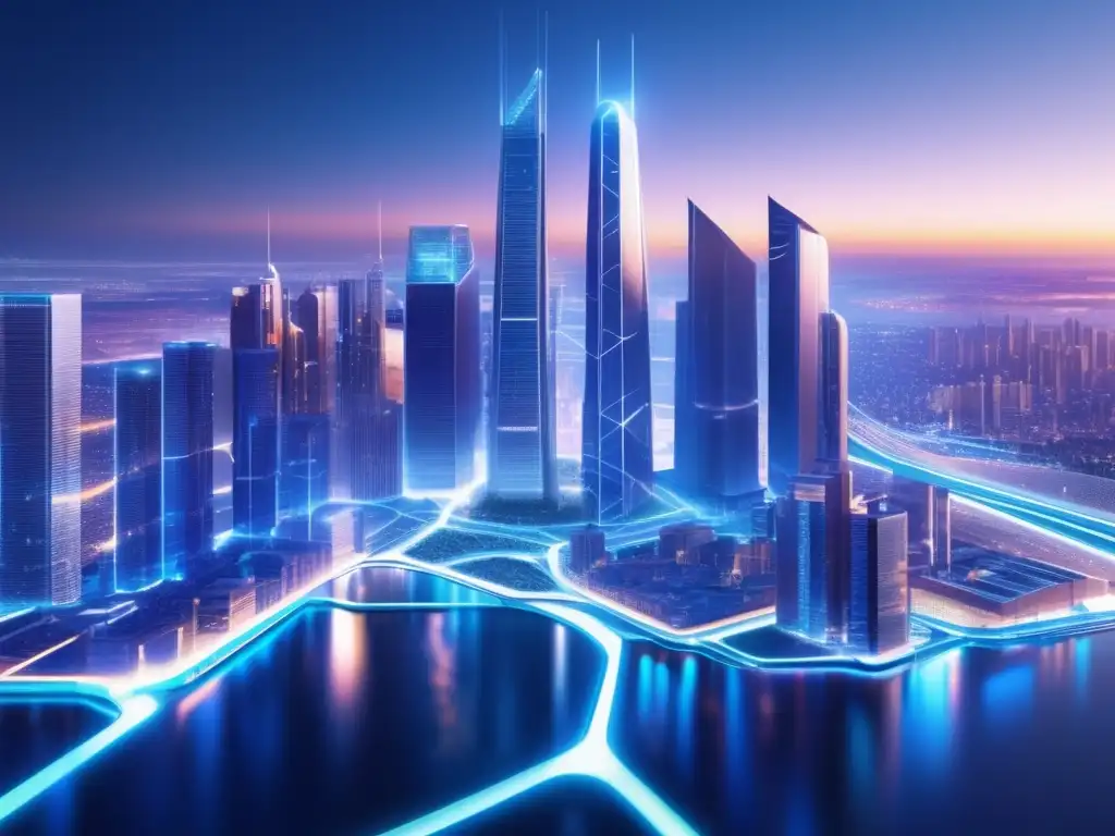 Futurista ciudad con rascacielos reflectantes Futurista ciudad criptográfica: Retos escalabilidad criptomonedas soluciones técnicas