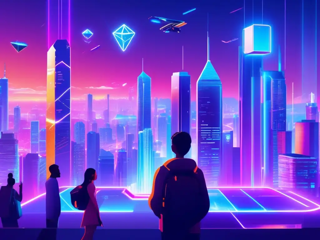 Futuro ciudad blockchain y hologramas Futurista ciudad blockchain con criptomonedas y aplicaciones descentralizadas EOS