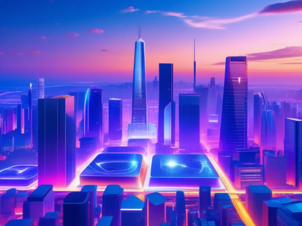 Futurista ciudad con rascacielos holográficos Futurista ciudad criptomonedas: Importancia criptomonedas economía mundial