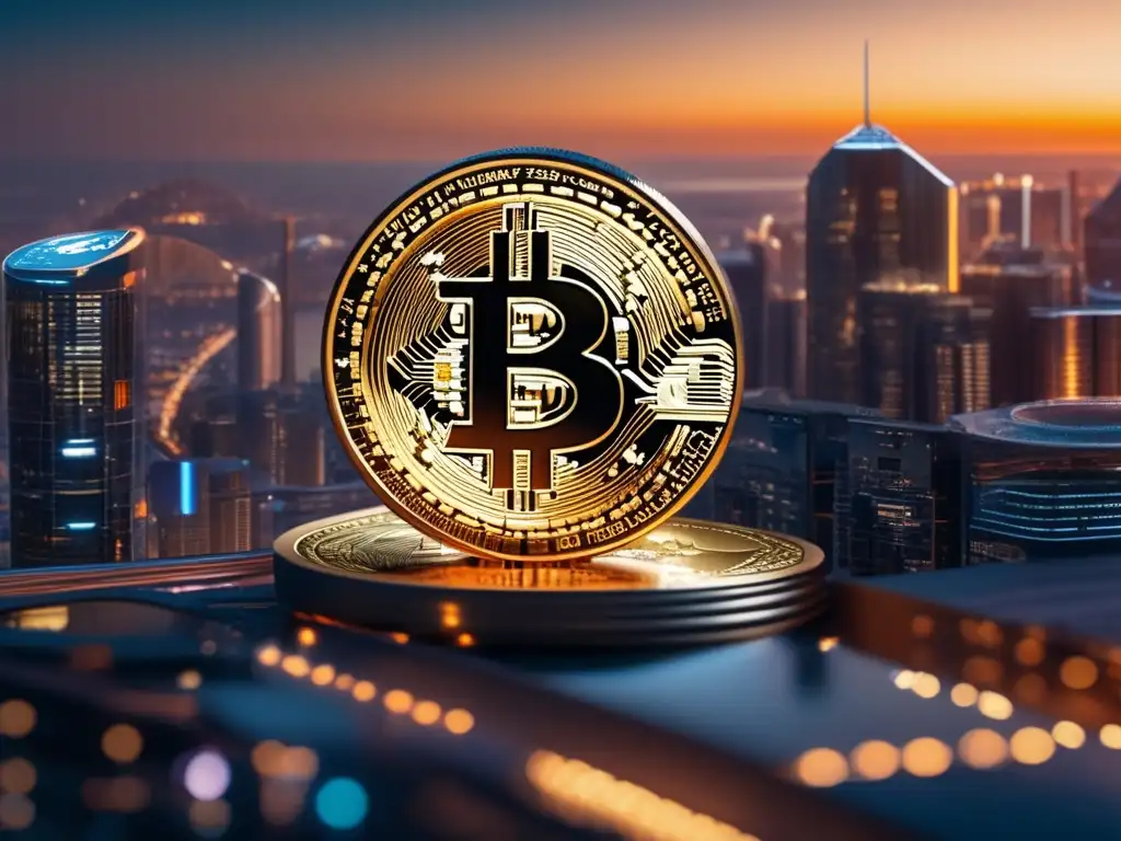 Futurista ciudad con rascacielos y bitcoin Futurista ciudad con criptomonedas y tensión regulatoria (110 caracteres)
