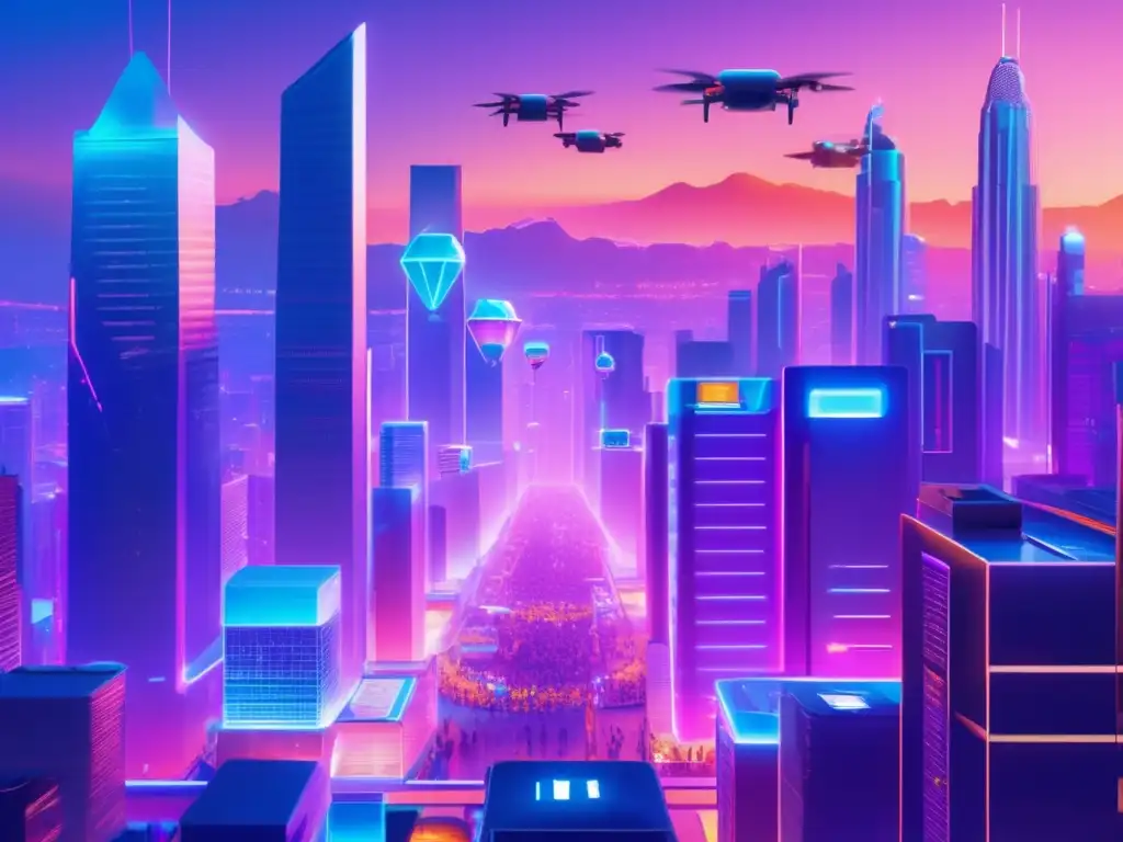 Futurista ciudad nocturna con rascacielos de vidrio transparente y luces de neón Futurista ciudad con criptomonedas en tiempo de crisis