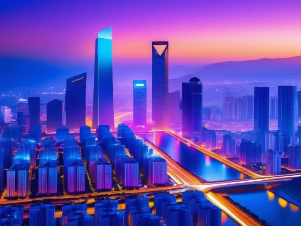 Ciudad digital futurista al atardecer Futurista ciudad digital criptográfica, confiable y transparente