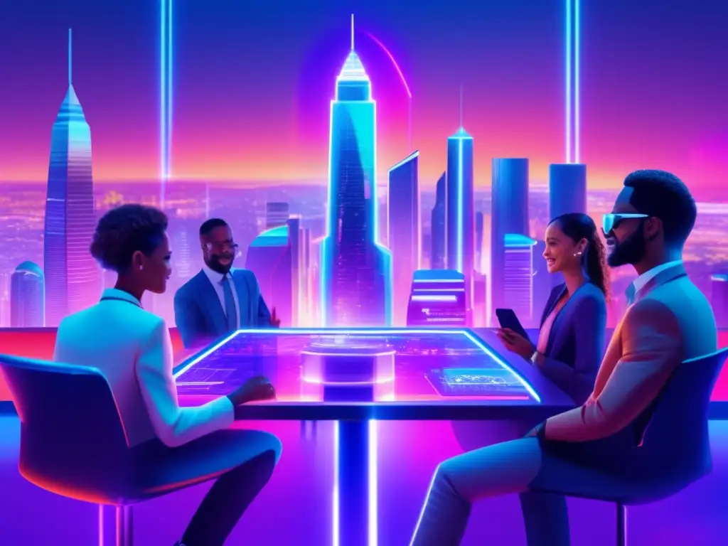 Ciudad futurista: tecnología y criptomonedas Futurista ciudad digital con rascacielos de vidrio y pantallas holográficas, inversores discuten criptomonedas