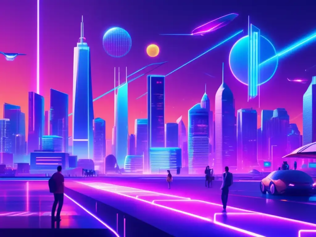Ciudad futurista con rascacielos y criptomonedas Futurista ciudad digital con rascacielos, hologramas y transacciones de criptomonedas
