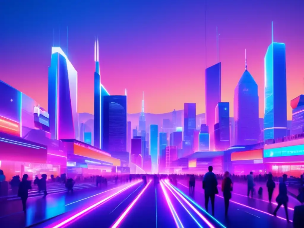 Ciudad futurista de Fintech al anochecer Futurista ciudad digital con seguridad financiera en plataformas Fintech
