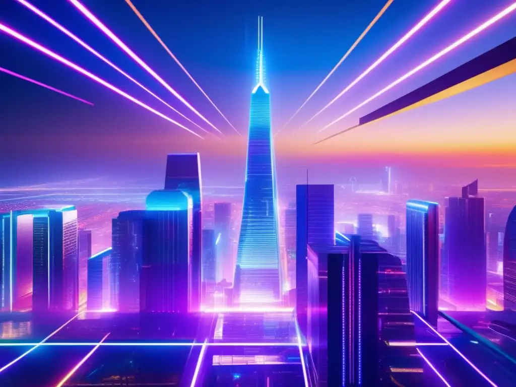 Futurista ciudad digital con luces neón Futurista ciudad digital con técnicas de análisis técnico criptomonedas