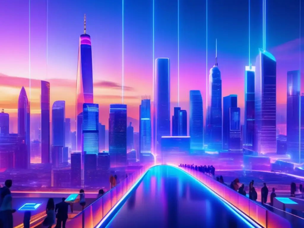 Futuro financiero inclusivo mediante tecnología Futurista ciudad con Fintech democratizando dinero digital