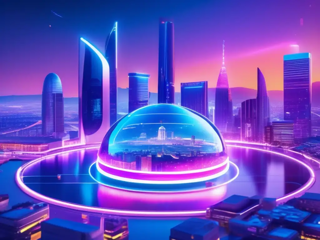 Futuro financiero: ciudad futurista y liquidez Futurista ciudad con edificios altos y granjas de liquidez