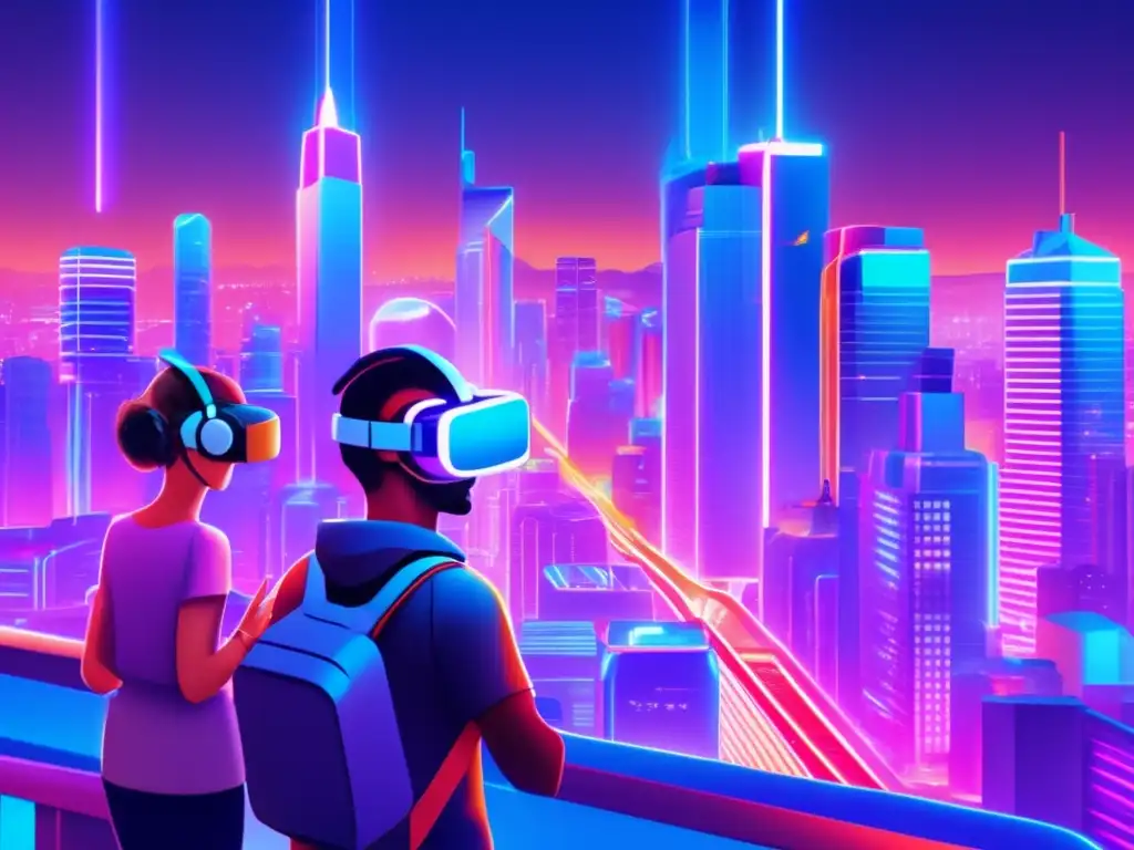 Futurista ciudad con DeFi, NFTs y VR Futurista ciudad con edificios de cristal y acero, iluminada por luces neón