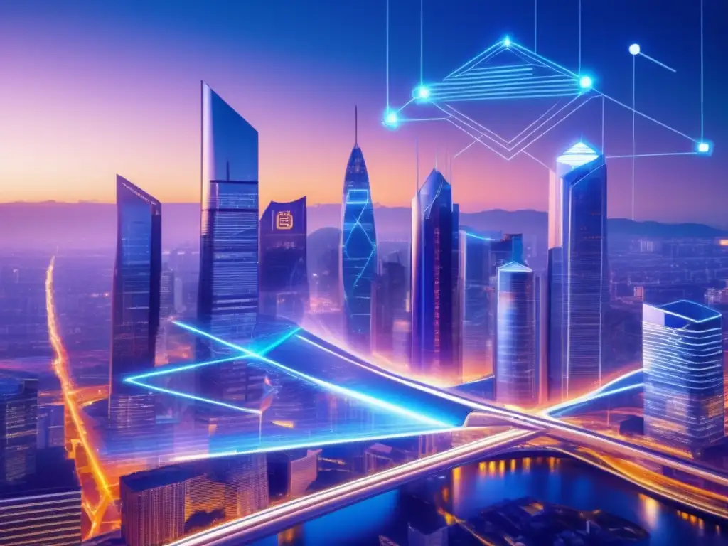 Futurista ciudad con rascacielos iluminados Futurista ciudad con edificios modernos y logos de neobanking iluminados