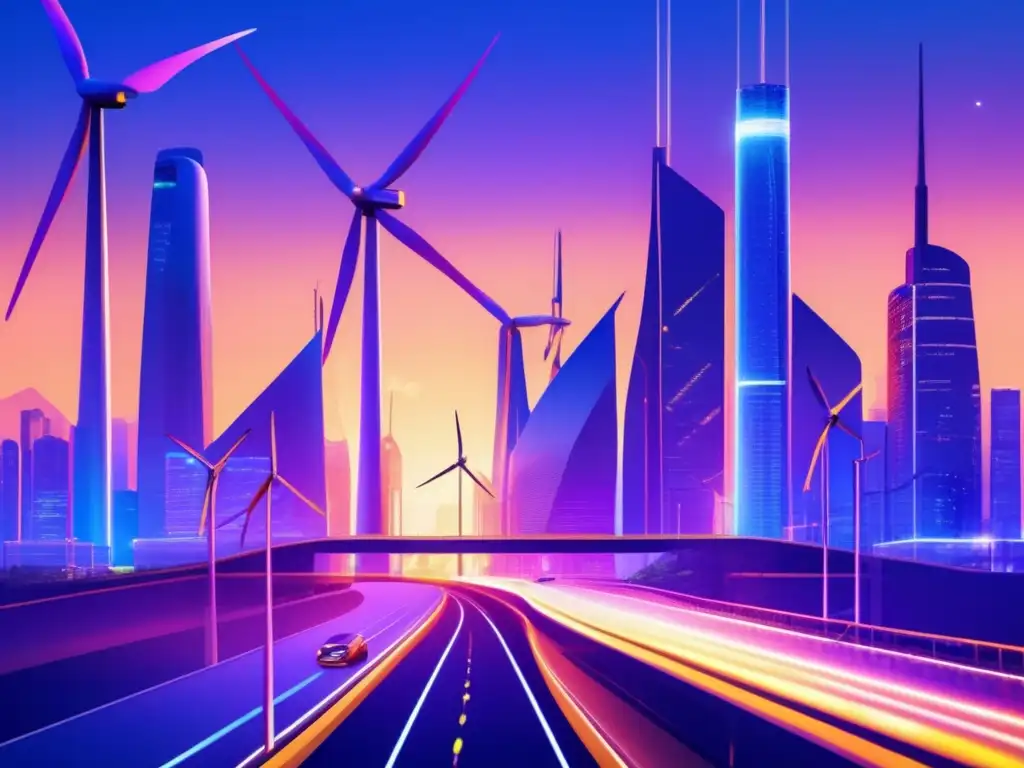 Futuro urbano sostenible con energías renovables Futurista ciudad con energía renovable y transporte sostenible - Planificación fiscal sector energético