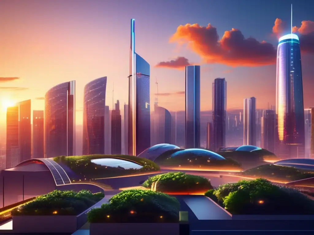 Futuro ciudad sustentable al atardecer Futurista ciudad con energías renovables: Predicciones inversión energías renovables