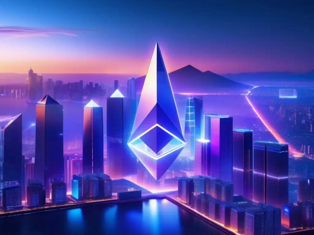 Futuro de Ethereum 2 Futurista ciudad con la Transición al PoS y Ethereum 2