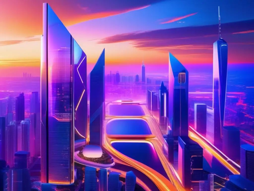 Futurista ciudad financiera en atardecer Futurista ciudad financiera con diversificación: Estrategias de diversificación financiera