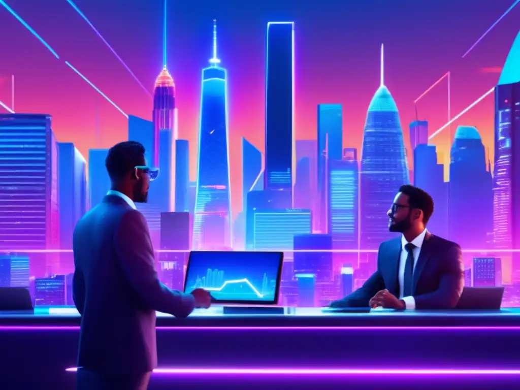 Ciudad financiera futurista con rascacielos y tecnología avanzada Futurista ciudad financiera con rascacielos, gráficos económicos y profesionales analizando datos