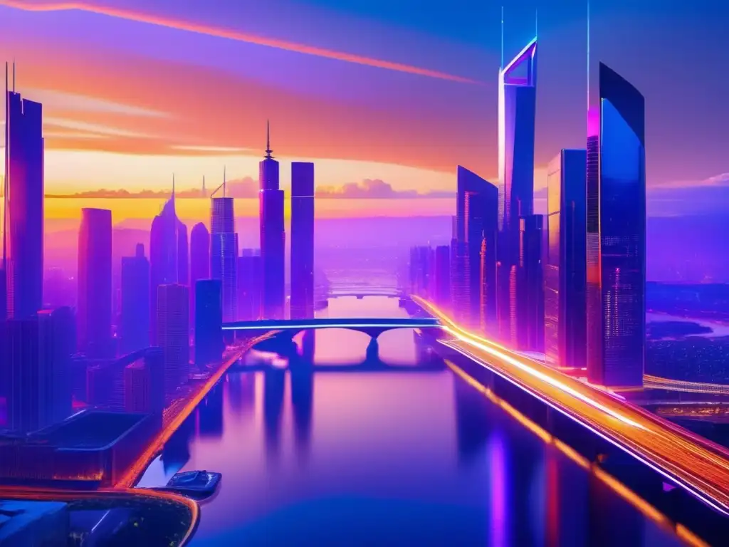 Futurista ciudad financiera nocturna Futurista ciudad financiera con rascacielos de vidrio y acero, reflejando el atardecer dorado