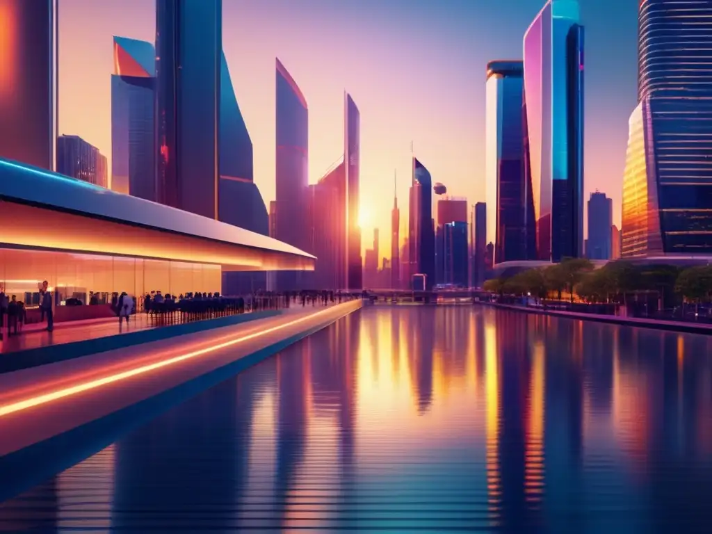 Ciudad financiera futurista al anochecer Futurista ciudad financiera al anochecer, con rascacielos modernos y vibrantes luces