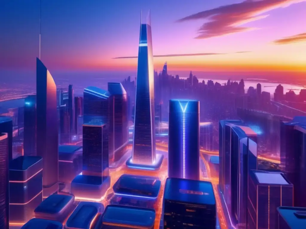 Futuro financiero: Ciudad iluminada, IA y DeFi Futurista ciudad financiera con IA en DeFi