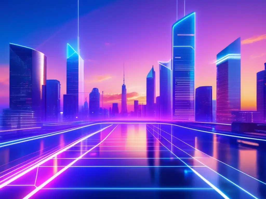 Futurista ciudad flotante con rascacielos y luces brillantes Futurista ciudad flotante con rollups en Ethereum: Agregación de Transacciones Innovadora