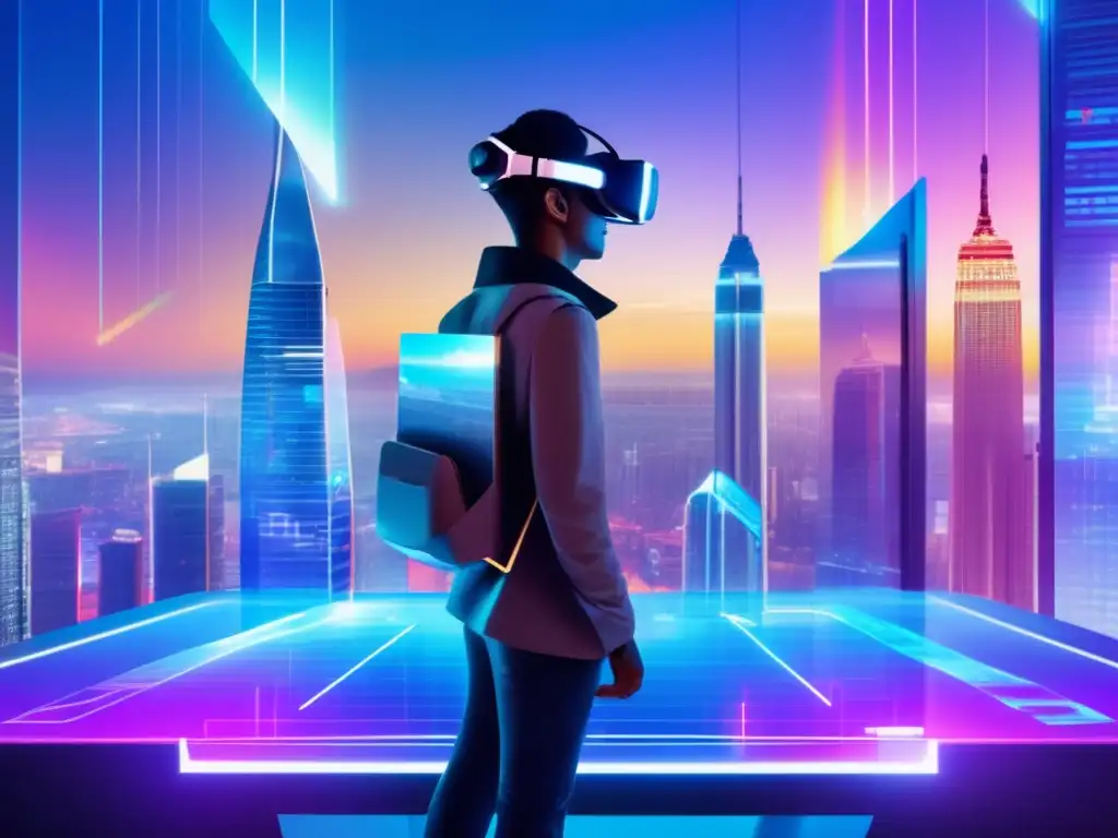 Futurista paisaje urbano con realidad virtual Futurista ciudad con ICOs: Actualización mercado financiero
