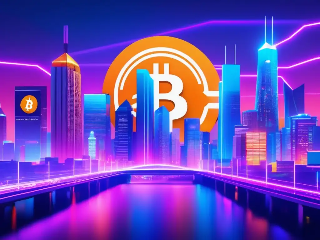 Ciudad futurista iluminada por luces de neón Futurista ciudad iluminada por luces neón; criptomonedas: riesgos y oportunidades