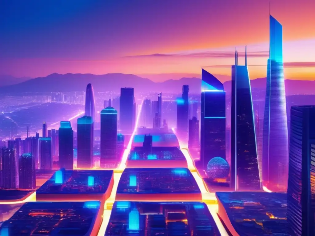 Futuro brillante con tierras raras Futurista ciudad iluminada por luces neón, reflejando la tecnología avanzada y el potencial de las tierras raras