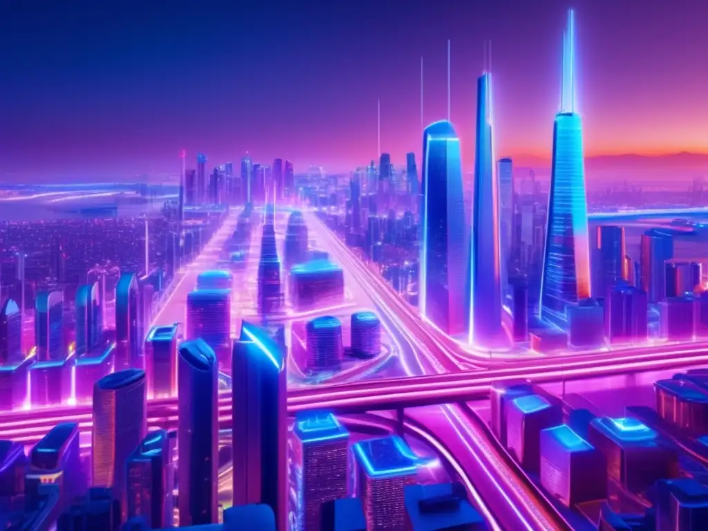 Futurista ciudad iluminada con luces de neón Futurista ciudad iluminada por luces de neón - Beneficios de los contratos inteligentes