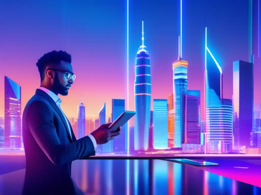 Futuro de la asesoría financiera Futurista ciudad iluminada con rascacielos modernos, datos financieros en pantallas digitales y profesional usando roboadvisor